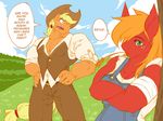  anthro anthrofied apple applejack_(mlp) biceps big_macintosh_(mlp) clothing couple crossgender dialog dialogue duo english_text equine farm female freckles friendship_is_magic fruit hat horse kokuhane male mammal muscles muscular_female my_little_pony overalls pants pony shirt text vest 