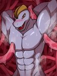  abs armpit_fetish arms_above_head bodily_fluids dragokaizer666 generation_1_pokemon hi_res humanoid machoke male muscular muscular_male nintendo pecs pokemon pokemon_(species) solo sweat tentacles 