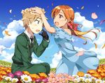  1girl arieko axis_powers_hetalia bad_id bad_pixiv_id bare_shoulders blue_dress blush brown_hair cloud day dress field flower flower_field head_wreath long_hair petals putting_on_headwear seychelles_(hetalia) sky uniform united_kingdom_(hetalia) wind 