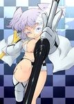  bad_id bad_pixiv_id bikini_top black_rock_shooter black_rock_shooter_(character) black_rock_shooter_(character)_(cosplay) boots checkered checkered_background coat colored_eyelashes cosplay gloves grey_eyes hamahara_yoshio highres leg_up letty_whiterock light_trail midriff navel open_clothes open_coat scar short_hair shorts silver_hair smile solo sword touhou twintails weapon 