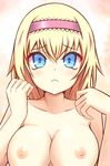  :&lt; :3 alice_margatroid areolae bad_id bad_pixiv_id bangs blonde_hair blue_eyes breasts cleavage collarbone hairband highres large_breasts looking_at_viewer nipples nude pink_background shiny shiny_skin short_hair solo touhou upper_body white_background zeroshiki_kouichi 
