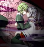  closed_eyes dress face-to-face forehead-to-forehead green_dress green_hair hair_over_eyes hug japanese_clothes kariginu langlang long_sleeves mononobe_no_futo multiple_girls no_hat no_headwear ponytail shirt short_hair silver_hair soga_no_tojiko touhou wide_sleeves yuri 