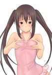  bare_shoulders black_hair blush breast_hold breasts brown_eyes k-on! long_hair looking_at_viewer muffin_(sirumeria) nakano_azusa no_bra open_mouth skirt solo twintails upper_body 