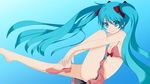  aqua_eyes aqua_hair barefoot bikini hatsune_miku long_hair mochida_(kokomo) navel shoes single_shoe sitting skirt smile solo swimsuit twintails very_long_hair vocaloid 