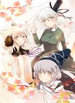  arm_up atoki blonde_hair cherry_blossoms dress earmuffs green_dress grey_eyes hat hat_ribbon japanese_clothes kariginu mononobe_no_futo multiple_girls ponytail ribbon shirt silver_hair smile soga_no_tojiko touhou toyosatomimi_no_miko twig yellow_eyes 