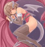  blush brown_hair demon_girl elbow_gloves gloves hasu_(hk_works) horns leotard no_shoes one_eye_closed original red_eyes red_leotard short_hair solo tail thighhighs wings 