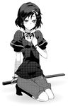  androgynous bad_id bad_pixiv_id crossdressing greyscale hair_ornament hairclip hand_on_own_chest holding kneeling male_focus monochrome neck_ribbon otoko_no_ko ribbon scabbard sheath shorts simple_background smile solo sora_(efr) steins;gate urushibara_ruka white_background 