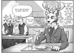  absurd_res anthro antlers background_character beastars bullying canid canine canis clothing dialogue eating english_text fan_character group hi_res horn hybrid ibuki_ii_(greatlizardwizard) lunch male mammal monochrome school school_uniform sunny_frostwolf text trio uniform wolf 