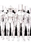  4boys abs arms_at_sides barefoot breasts circle collarbone cube cylinder facing_viewer flaccid geometric_solid greyscale hatching_(texture) ishida_hiroyasu lineup little_penis medium_breasts monochrome multiple_boys multiple_girls muscle navel nude object_head octahedron original pectorals penis personification pubic_hair pyramid_(geometry) pyramidal_frustum shapes signature square standing surreal testicles triangle uncensored what 