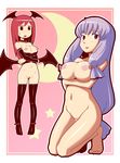  barefoot bat_wings blush boots border breasts censored collar corset crescent head_wings heart highres inverted_nipples koakuma large_breasts long_hair maru-sun multiple_girls navel nipples nude patchouli_knowledge pink_background purple_eyes purple_hair pussy red_hair star sweatdrop thigh_boots thighhighs tongue tongue_out touhou wings 