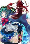  :d anthiea aqua_hair bad_id bad_pixiv_id bare_shoulders blue_eyes bow cape crown dagger detached_sleeves dress elbow_gloves gloves hair_ornament holding mahou_shoujo_madoka_magica mermaid miki_sayaka monster_girl monsterification multiple_girls oktavia_von_seckendorff open_mouth polearm ponytail red_hair sakura_kyouko smile spear spoilers weapon 