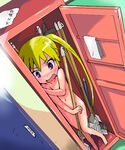  blonde_hair blush kill_me_baby locker navel nude open_mouth purple_eyes solo sonya_(kill_me_baby) t2 twintails 
