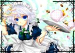  apron bad_id bad_pixiv_id bi_jun blue_eyes braid colorized cookie cup floating floating_object food izayoi_sakuya lavender_hair maid maid_headdress pocket_watch puffy_sleeves ribbon short_hair short_sleeves side_braid solo sweatdrop tablet teacup teapot touhou twin_braids v watch wrist_cuffs 