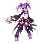  absurdres aisha_(elsword) axe boots breasts cleavage elsword flat_chest frills hair_ribbon highres long_hair midriff miniskirt navel purple_eyes purple_hair purple_legwear ribbon skirt smile solo thigh_boots thighhighs twintails weapon white_background 
