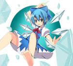  :d aa44 bad_anatomy bad_feet bad_hands barefoot blue_eyes blue_hair bow cirno dress hair_bow ice ice_wings open_mouth ribbon smile solo touhou wings 