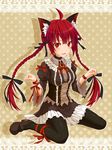  ahoge alternate_costume animal_ears black_legwear braid cat_ears colorized fang highres kaenbyou_rin kikugetsu leg_ribbon long_hair midnight_(banyex) pantyhose red_eyes red_hair ribbon sitting skirt skirt_set solo touhou twin_braids wariza wrist_ribbon 