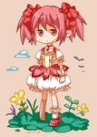  2011 bad_id bad_pixiv_id dated flower kaname_madoka lowres mahou_shoujo_madoka_magica neck_ribbon pink_eyes pink_hair pink_skirt ribbon shoes single_shoe skirt smile solo standing twintails youmi 