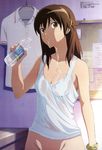  absurdres bare_shoulders bottle bottomless bracelet breasts brown_eyes brown_hair bulletin_board buttons cleavage clothes_hanger cowboy_shot drink drinking flipped_hair groin hair_ornament hairclip highres holding indoors jewelry kyouno_madoka looking_at_viewer naked_shirt no_bra non-web_source norita_takumo official_art out-of-frame_censoring paper parted_lips rinne_no_lagrange scan school_uniform see-through shirt short_hair short_sleeves small_breasts solo spill standing tank_top transparent water water_bottle wet wet_clothes 