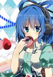  audio-technica bad_id bad_pixiv_id blue_eyes blue_hair blush cake doughnut food fruit fujishiro_emyu headphones kaku_seiga solo strawberry touhou 