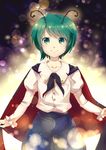  antennae cape dress_shirt frilled_sleeves frills green_eyes green_hair long_sleeves pants puffy_sleeves sakagatsu shirt short_hair smile solo star touhou wriggle_nightbug 