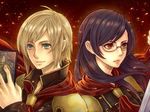  ace_(fft-0) black_hair blonde_hair blue_eyes brown_eyes cape card final_fantasy final_fantasy_type-0 glasses queen_(fft-0) sword 