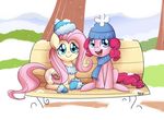  bench blue_eyes bush cutie_mark equine female feral fluttershy_(mlp) friendship_is_magic hat hi_res horse mammal my_little_pony pegasus pinkie_pie_(mlp) pony scarf shoes snow snowing solar-slash tree wings wood 