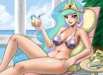  big_breasts breasts cake crown drink ear_piercing female food friendship_is_magic hair human humanized john_joseco looking_at_viewer multi-colored_hair my_little_pony navel outside piercing pink_eyes potato_chips princess_celestia_(mlp) sea skimpy swimsuit water 