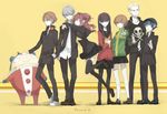  4girls amagi_yukiko bad_id bad_pixiv_id black_hair black_legwear blonde_hair blue_eyes blue_hair brown_eyes brown_hair cabbie_hat closed_eyes hairband hanamura_yousuke hat headphones kneehighs kujikawa_rise kuma_(persona_4) loafers long_hair looking_at_viewer multiple_boys multiple_girls narukami_yuu pantyhose persona persona_4 satonaka_chie school_uniform shirogane_naoto shoes short_hair shrie silver_hair skirt skull_and_crossbones smile tatsumi_kanji thighhighs v white_legwear yellow_background 