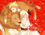  armlet bad_id bad_pixiv_id blonde_hair bracelet closed_eyes earrings fate/zero fate_(series) gilgamesh jewelry lion male_focus necklace red_background red_eyes toga xia_(ryugo) 