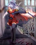  blue_eyes boots breasts cape final_fantasy final_fantasy_type-0 ponytail sice_(fft-0) silver_hair skirt thighhighs 