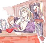  1girl 3boys cassius_(granblue_fantasy) chopsticks dark_skin dark_skinned_male erune eustace_(granblue_fantasy) gran_(granblue_fantasy) granblue_fantasy kotatsu long_hair lyria_(granblue_fantasy) mochi multiple_boys pectorals sleeveless table 