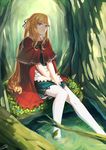  absurdres apron blonde_hair blue_eyes cape copyright_request flower highres little_red_riding_hood little_red_riding_hood_(grimm) llc long_hair looking_at_viewer mole mole_under_eye parted_lips rose side_ponytail sitting soaking_feet solo thighhighs tree water white_legwear 