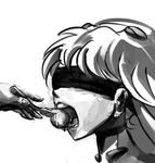  blindfold drawfag face feeding food fork fruit greyscale hair_ornament hands holding holding_fork long_hair monochrome neon_genesis_evangelion open_mouth plugsuit sketch souryuu_asuka_langley strawberry 