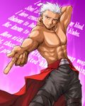  abs archer armpits clothes_around_waist dark_skin dark_skinned_male fate/stay_night fate_(series) jacket_around_waist male_focus muscle pectorals pointing pointing_at_viewer red_eyes shirtless solo white_hair 