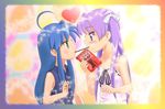  ahoge blue_hair blush border brand_name_imitation chunpai eye_contact flat_chest food green_eyes heart hiiragi_kagami izumi_konata long_hair looking_at_another lucky_star multiple_girls pocky pocky_kiss purple_eyes purple_hair shared_food yuri 