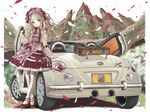  bangs blonde_hair blue_eyes blunt_bangs car clock clock_tower daihatsu daihatsu_copen day dress flower frilled_dress frills gloves ground_vehicle hair_flower hair_ornament head_tilt high_heels highres lipstick lolita_fashion long_hair looking_at_viewer makeup motor_vehicle original petals ribbon shoes sky solo suitcase thighhighs tokino_ame tower white_gloves white_legwear wind 