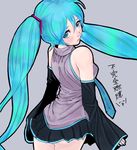  aqua_eyes aqua_hair bare_shoulders detached_sleeves from_behind hatsune_miku long_hair looking_at_viewer looking_back necktie simple_background skirt solo tsun twintails very_long_hair vocaloid 