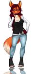 blue_eyes boots brown_hair canine estelle female finger_at_mouth fox fur green_eyes hair invalid_tag jeans looking_at_viewer mammal orange orange_fur red_fox shoes smile solo uni vest wide_hips 