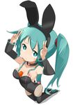  animal_ears aqua_eyes aqua_hair bad_id bad_pixiv_id between_breasts boots breasts bunny_ears bunny_girl bunny_tail bunnysuit carrot cleavage collar detached_sleeves double_v fishnet_pantyhose fishnets frown hatsune_miku kneeling long_hair looking_at_viewer pantyhose simple_background small_breasts solo tail tamakorogashi thigh_boots thighhighs twintails v very_long_hair vocaloid white_background 