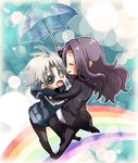  ahoge berserker_(fate/zero) casual chibi dancing fate/zero fate_(series) heterochromia hood hoodie iroha_(hime0x0) long_hair matou_kariya multiple_boys purple_hair rainbow umbrella white_hair 