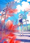  adjusting_hair aqua_hair arm_up armpits bare_shoulders breasts cloud day grass halftone highres horizon instrument long_hair navel ocean okinawa original parted_lips pomodorosa power_lines road sandals sanshin see-through shade shorts sky small_breasts solo standing sunlight telephone_pole wind 