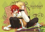  2boys argyle argyle_background artist_name blonde_hair closed_eyes coat dated green_background green_eyes guy_cecil luke_fon_fabre male_focus multiple_boys pants red_hair scabbard sheath smile tales_of_(series) tales_of_the_abyss yutaka_(toridori) 