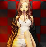  bad_id bad_pixiv_id brown_eyes brown_hair checkered checkered_background days0047 drinking_straw jacket long_hair looking_at_viewer midriff mouth_hold off_shoulder open_mouth original short_shorts shorts signature sitting solo tank_top 