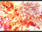  bow clenched_teeth fiery_background fire fujiwara_no_mokou gradient hair_bow highres letterboxed long_hair silver_hair solo tasuku_(otomebotan) teeth touhou unbuttoned 