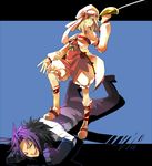  1girl :t alice_(tales) blonde_hair bloomers blue_background boots choker coat decus full_body fur_trim gloves hat hyakuhachi_(over3) knee_boots left-handed long_hair messy_hair purple_hair rapier short_hair skirt smile standing_on_person sword tales_of_(series) tales_of_symphonia tales_of_symphonia_knight_of_ratatosk thumbs_up underwear veil weapon white_bloomers 