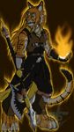  clothing feline fire frostwyrm102 gauntlets glowing hair halberd long_hair male mammal polearm pyro shin_guards solo tiger tora vest weapon 
