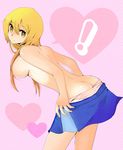  1girl ass blonde_hair breasts brown_eyes heart large_breasts leaning_forward long_hair looking_at_viewer mikaze panties panty_pull pink_background pink_panties polka_dot polka_dot_background sideboob skirt solo tenjouin_asuka topless underwear undressing yuu-gi-ou yuu-gi-ou_gx 