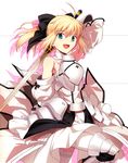  :d absurdres armor armored_dress artoria_pendragon_(all) bare_shoulders blonde_hair caliburn dress fate/stay_night fate/unlimited_codes fate_(series) gauntlets green_eyes hair_ribbon highres higurashi_ryuuji leg_lift long_hair official_art open_mouth ribbon saber saber_lily smile solo sword thighhighs weapon white white_legwear 