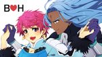  1boy 1girl barbatos_goetia blue_hair dark_skin harold_berselius lipsstick lipstick long_hair makeup pink_hair purple_eyes short_hair tales_of_(series) tales_of_destiny_2 yellow_eyes 