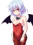  areola_slip areolae bare_shoulders bat_wings bow bowtie detached_collar flat_chest giisu lavender_hair leotard pantyhose red_eyes red_leotard remilia_scarlet short_hair solo touhou wings wrist_cuffs 